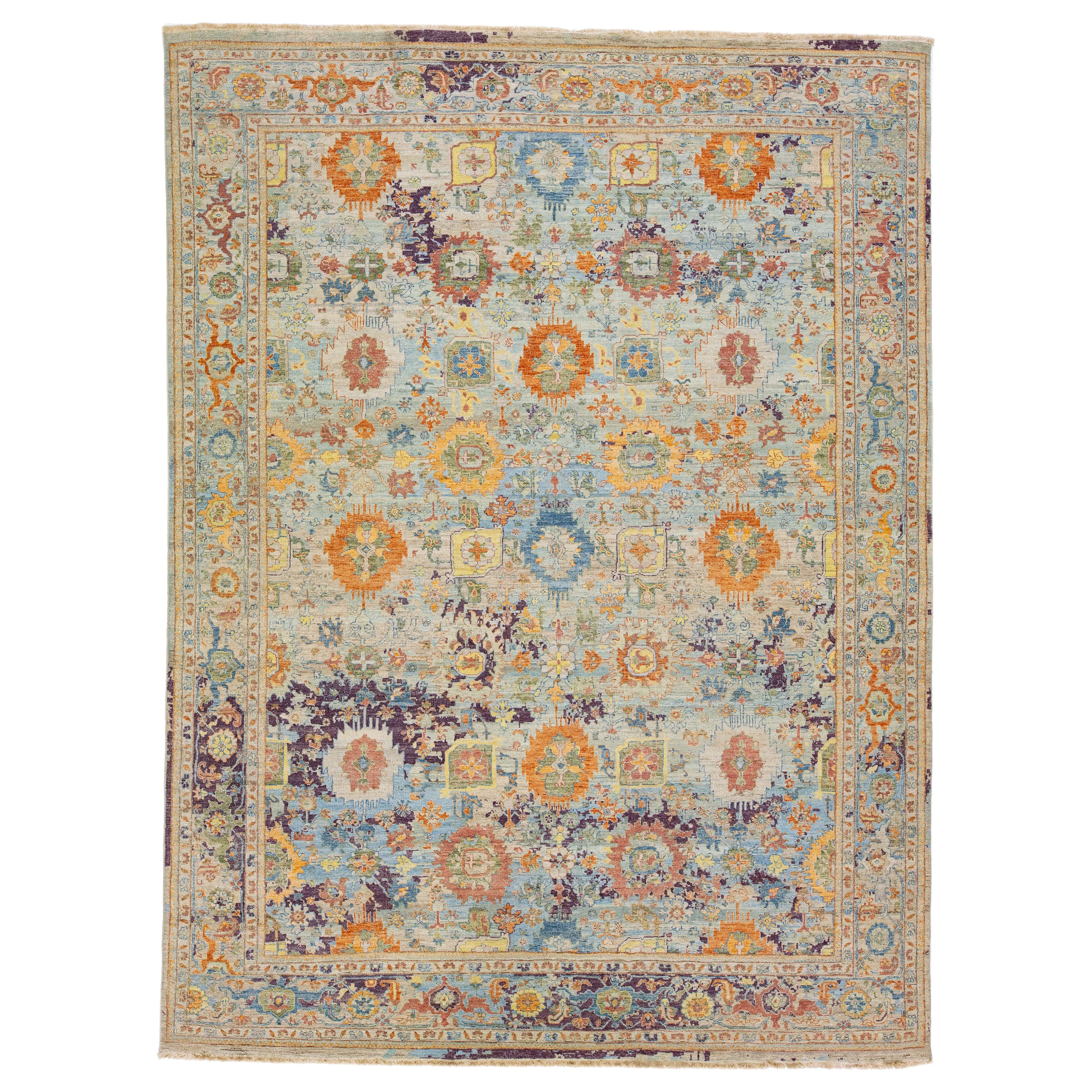 Multicolor Handmade Persian Tabriz Style Wool Rug Allover Design by Apadana For Sale