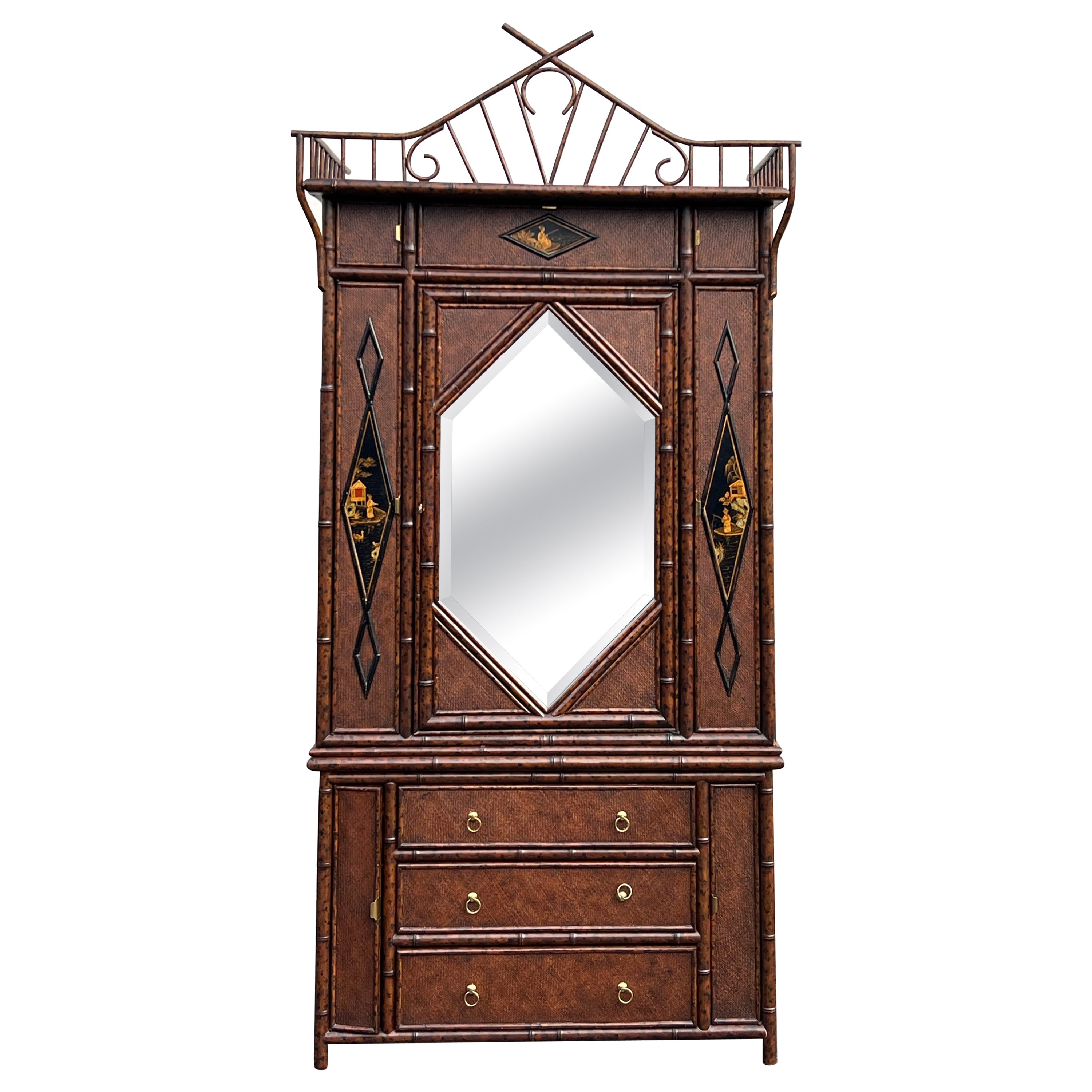 1980s Maitland-Smith English Style Burnt Bamboo Chinoiserie Armoire / Cabinet  For Sale