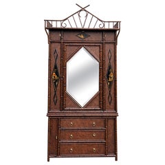 Vintage 1980s Maitland-Smith English Style Burnt Bamboo Chinoiserie Armoire / Cabinet 