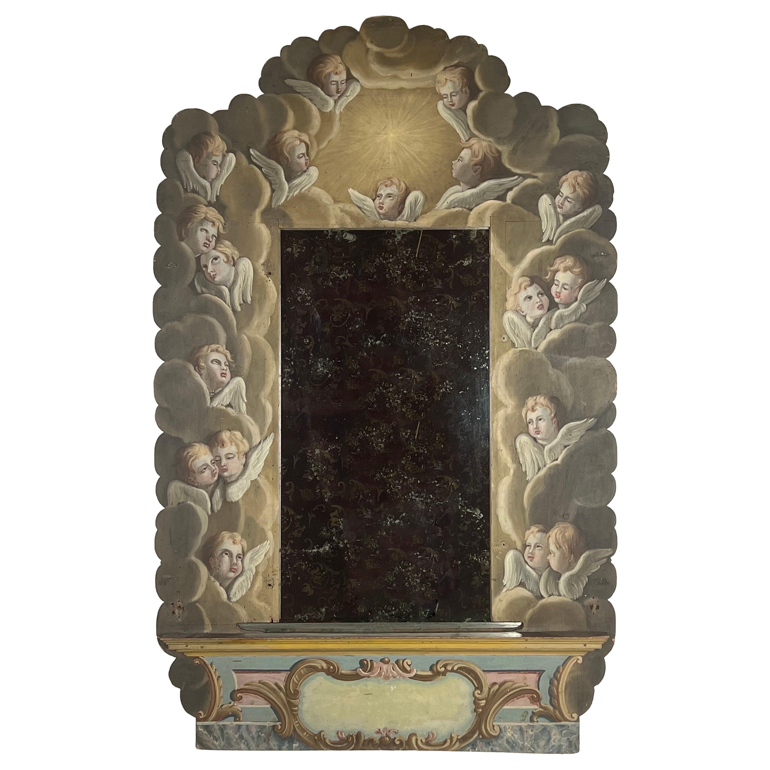 19th Century Italian Hand Painted Mirror with Winged Angels For Sale
