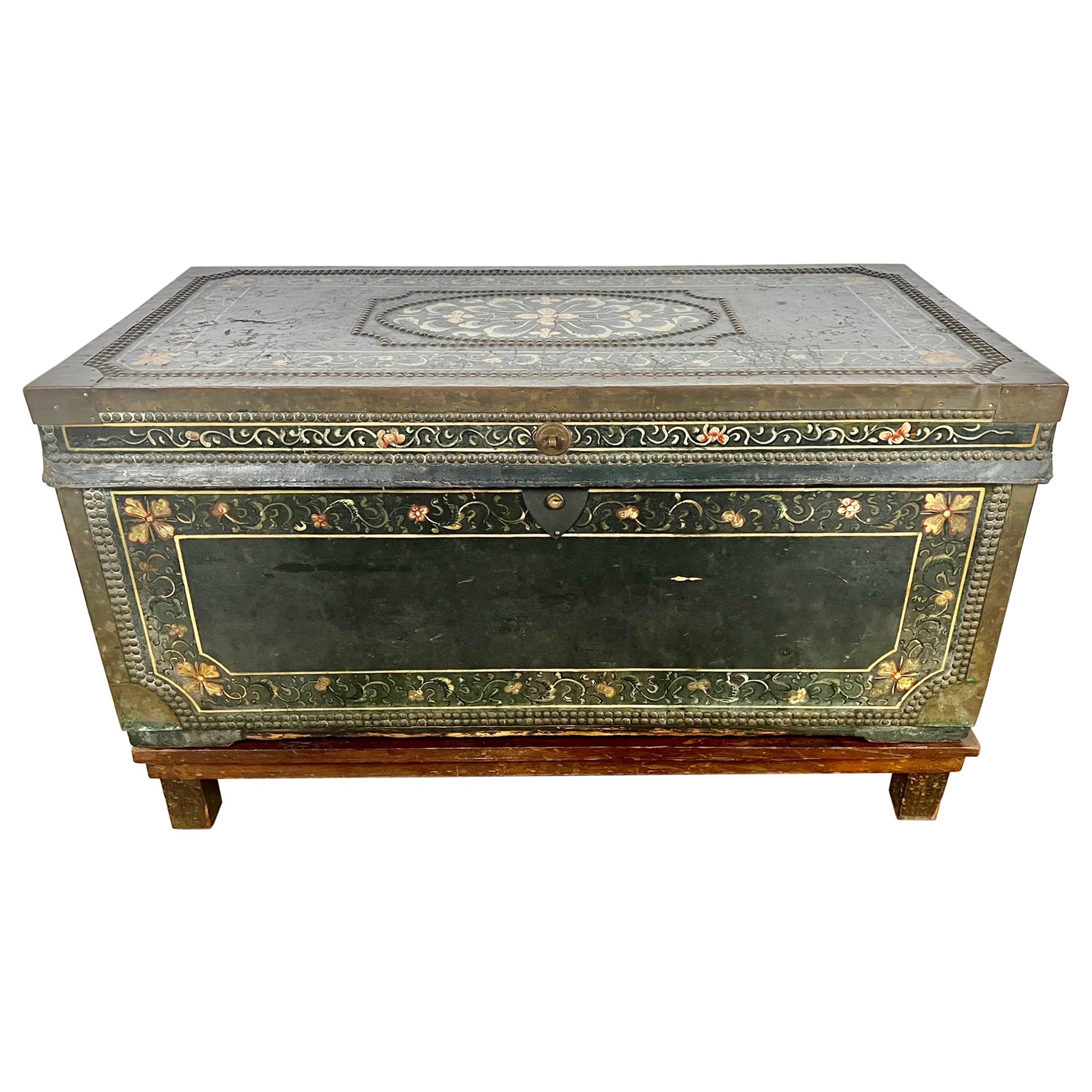 Spanish Painted Leather Trunk, 19th Century 