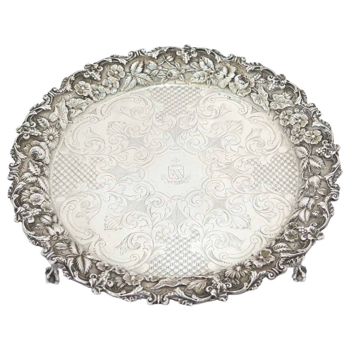 11 in - Sterling Silver S. Kirk & Son Antique Floral Repousse Footed Round Tray