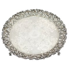 Sterling Silver S. Kirk & Son Antique Floral Repousse Footed Round Tray