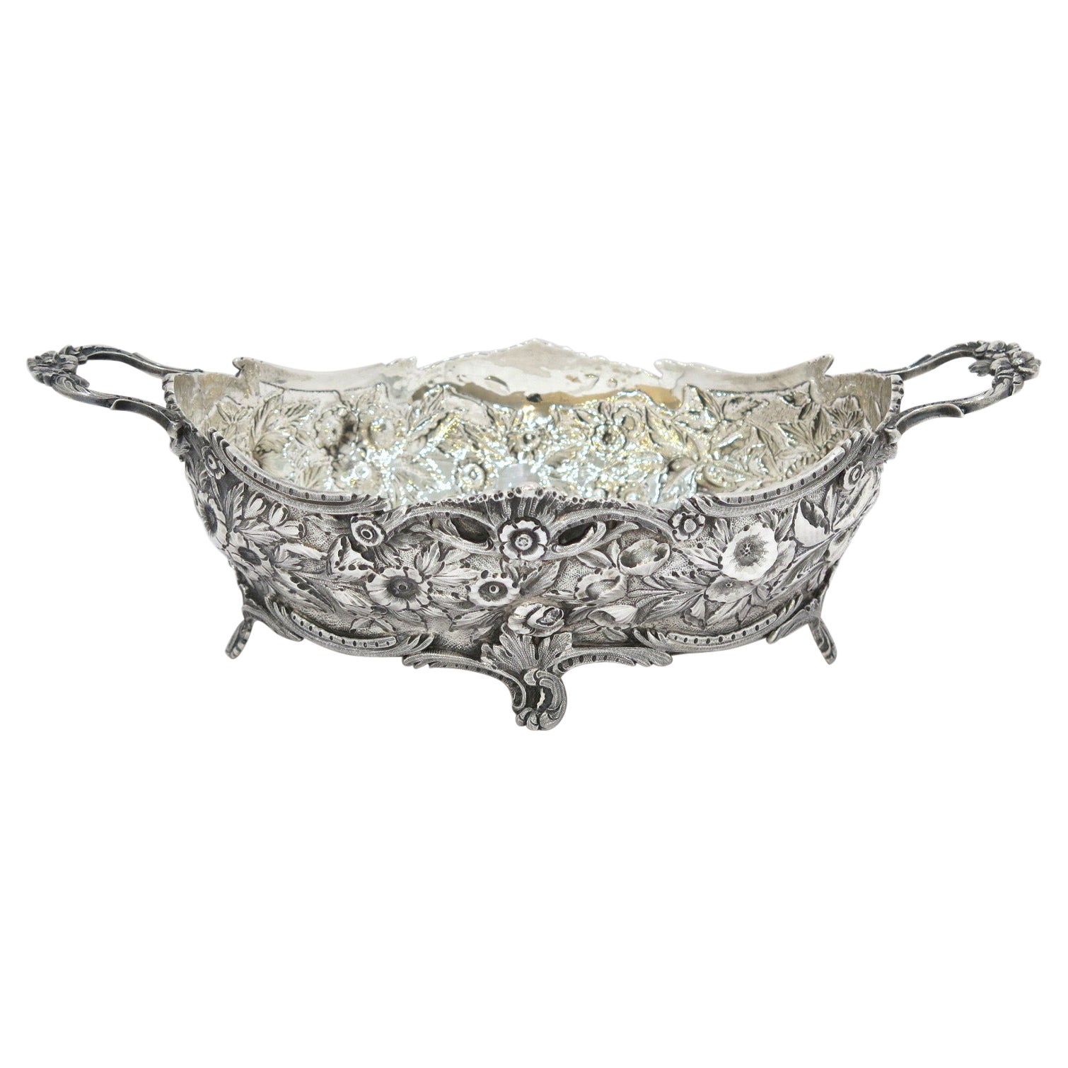 Sterling Silver S Kirk & Son Antique Floral Repousse Serving Bowl with Handles