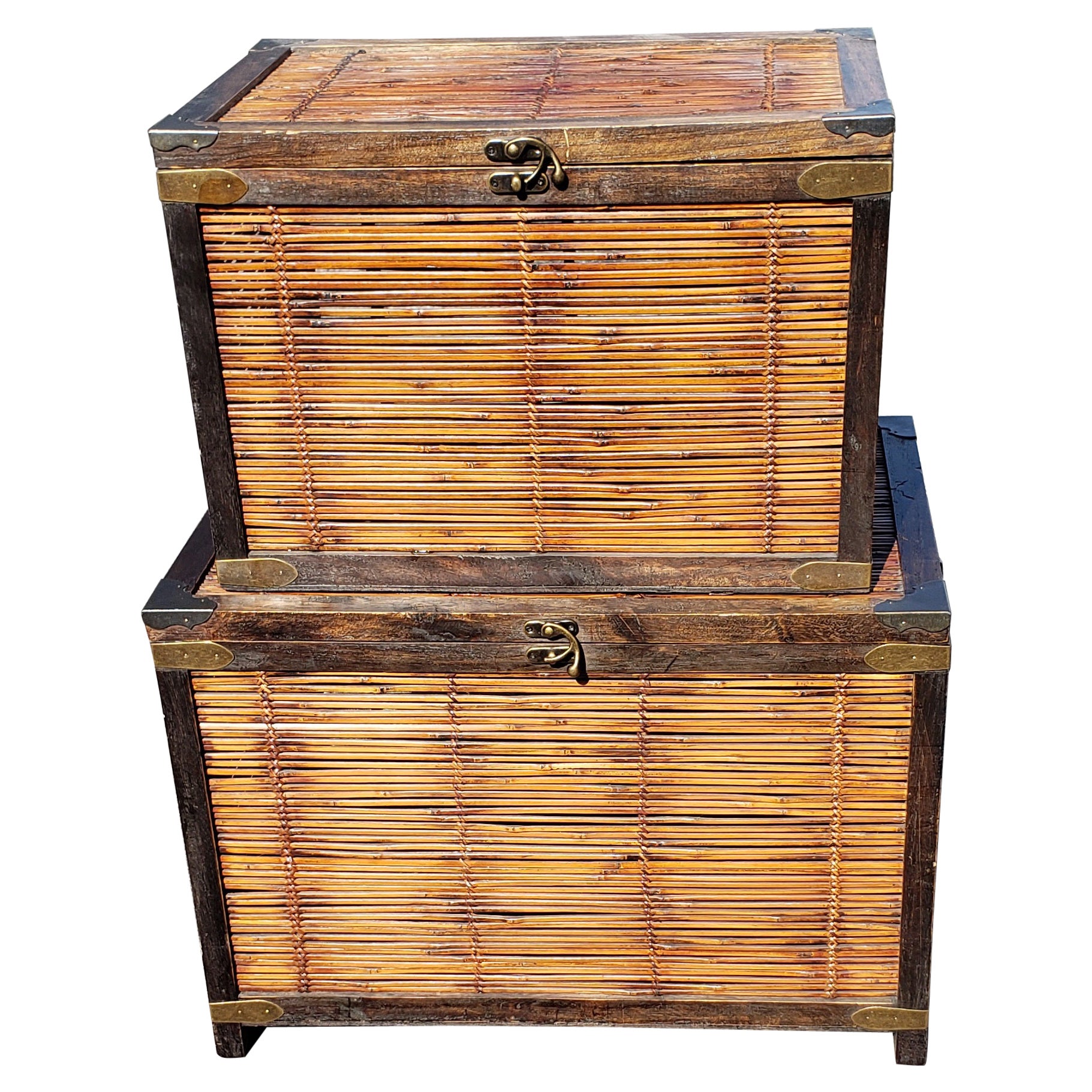 Pair of 1970s Nesting Split Bamboo and Brass Mounted Storage Trunks