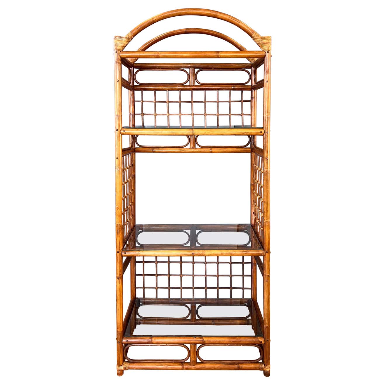 Arched-Top Stained Rattan Étagère with Three Glass Shelves, 1970s For ...