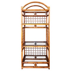 Arched-Top Stained Rattan Étagère with Three Glass Shelves, 1970s