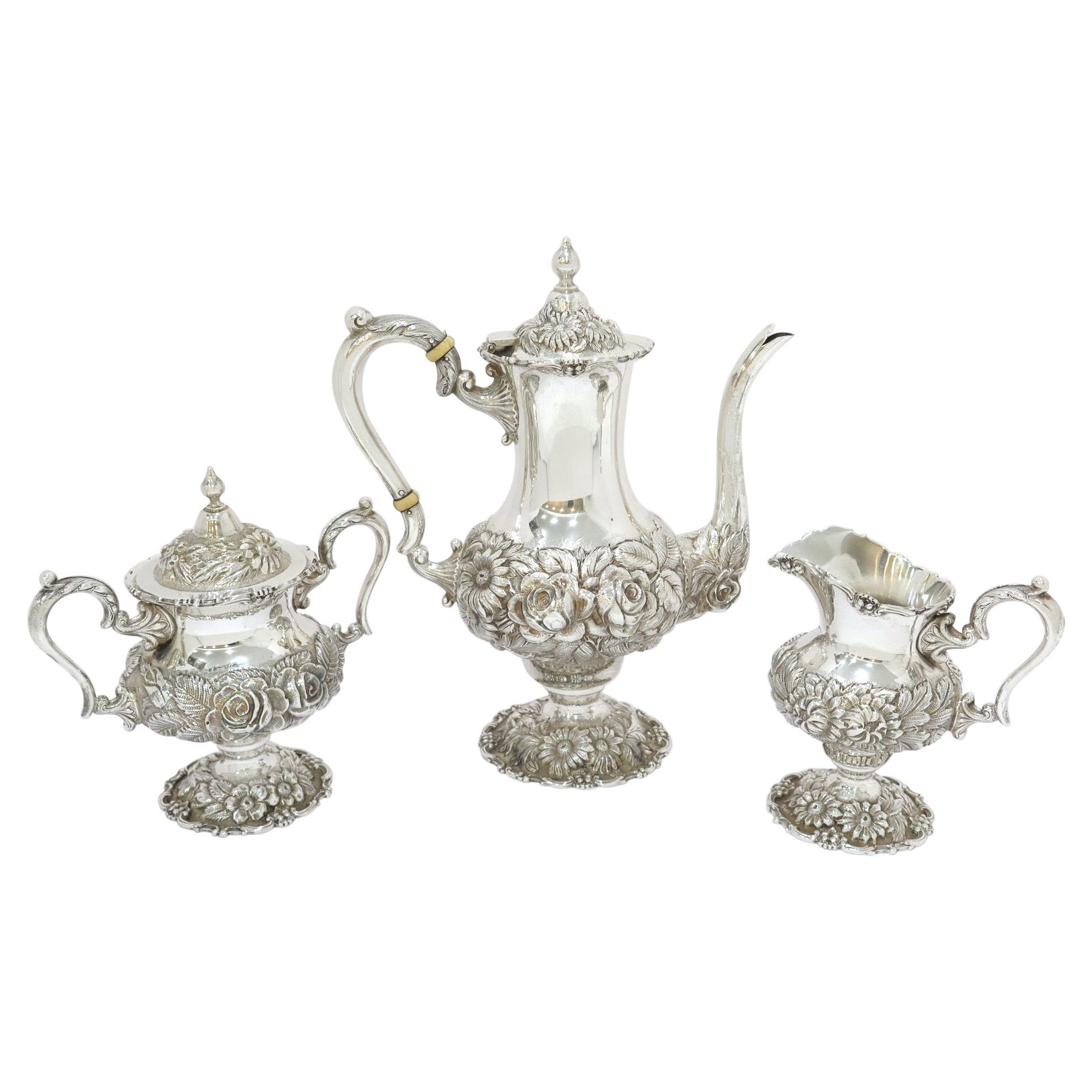3 Piece, Sterling Silver Stieff Antique Floral Repousse Tea / Coffee Service