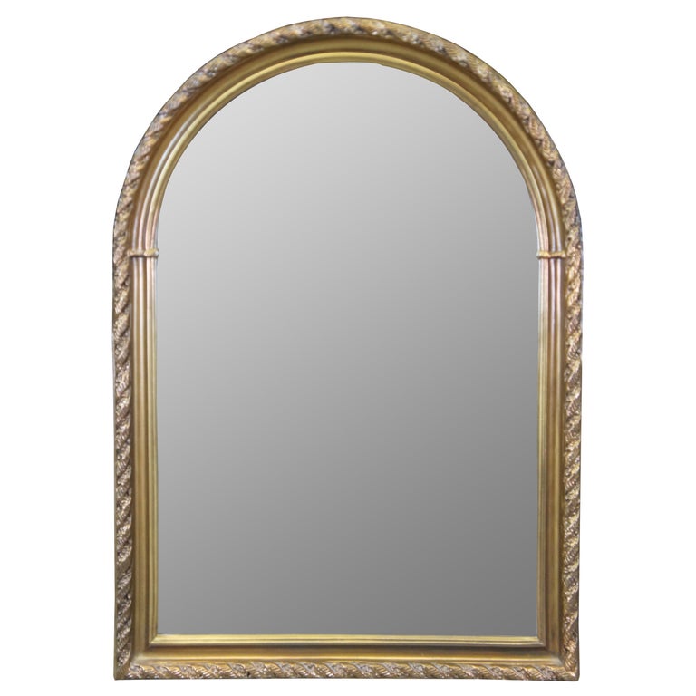 Victorian Revival Regency Gold Arched Ribboned Wall Mirror Beveled