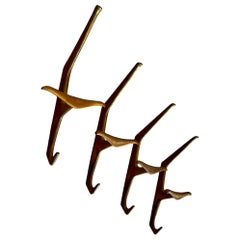 Set of 4 Large Triple Midcentury Brass Hooks Coat Hangers, Manner of Dominioni