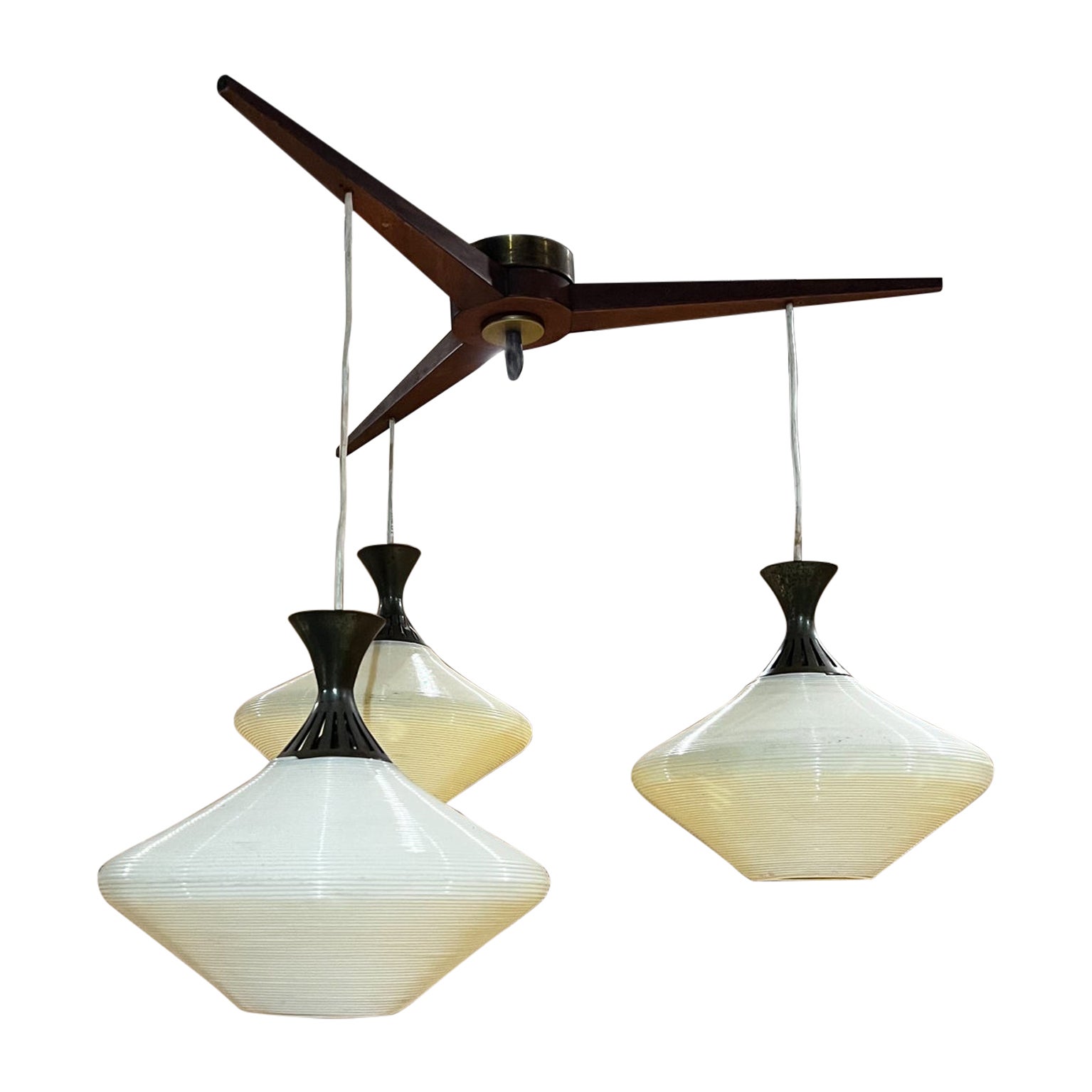 1960s Exquisite Mahogany Lamp Pendant Trio Ribbed Shade Style Rotoflex