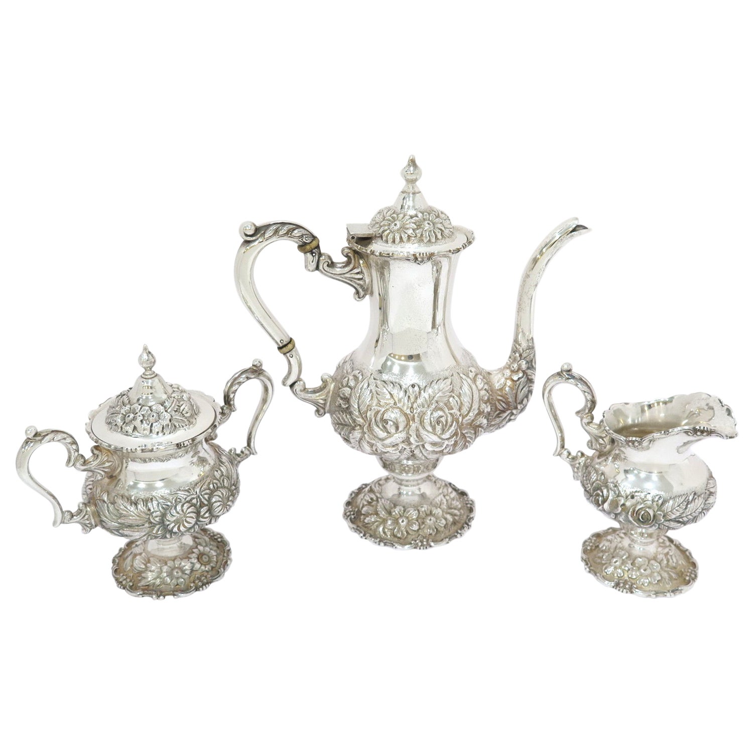3 Piece, Sterling Silver Stieff Vintage Floral Repousse Tea / Coffee Service