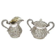 Sucrier et crémier en argent sterling repoussé antique Baltimore Silversmiths