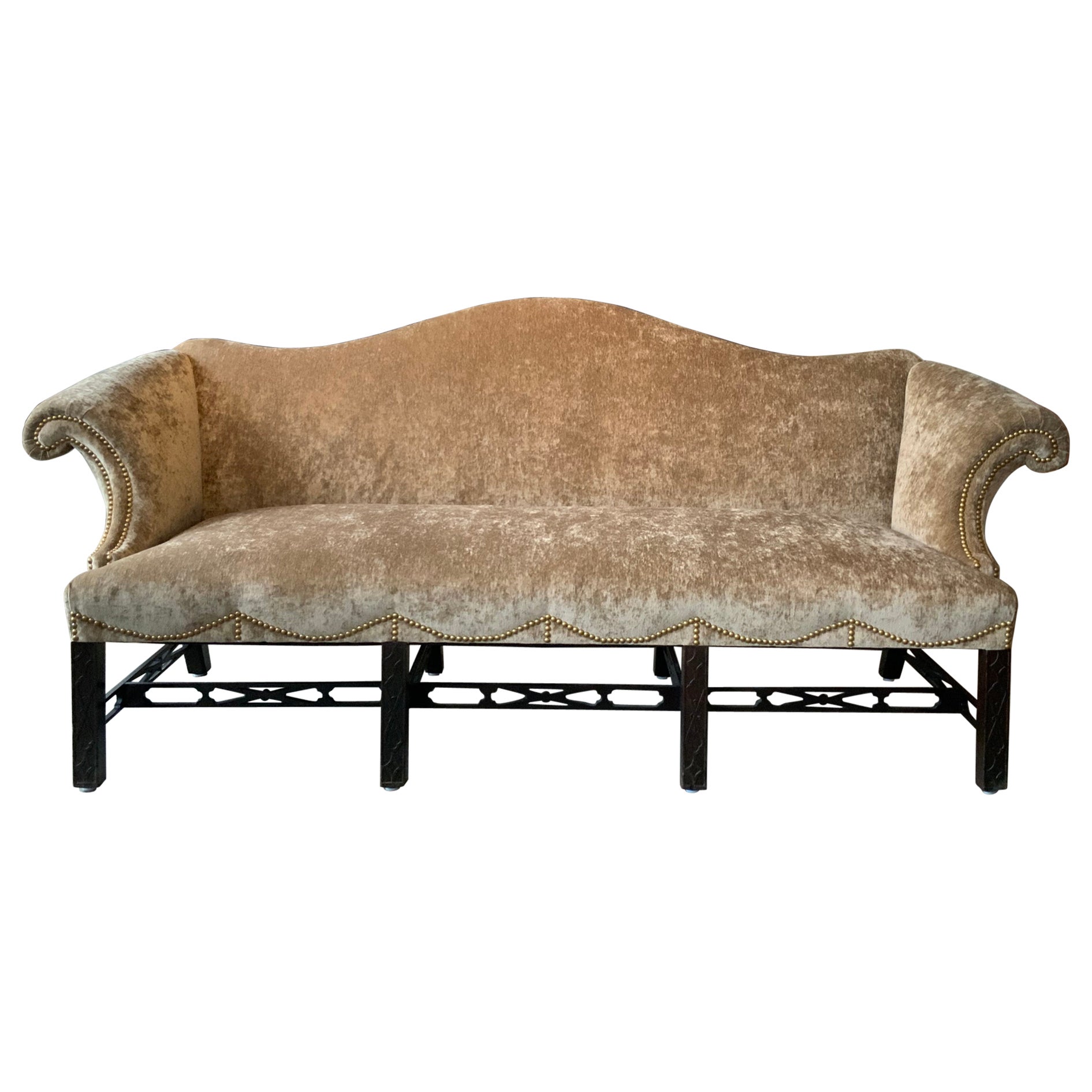 1920s Beige Velvet Camelback Sofa with Chinese Chippendale Base For Sale