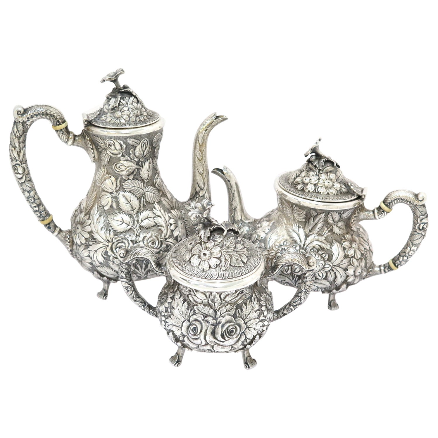 3 Piece-Sterling Silver Stieff Vintage Floral Repousse Tea / Coffee Service