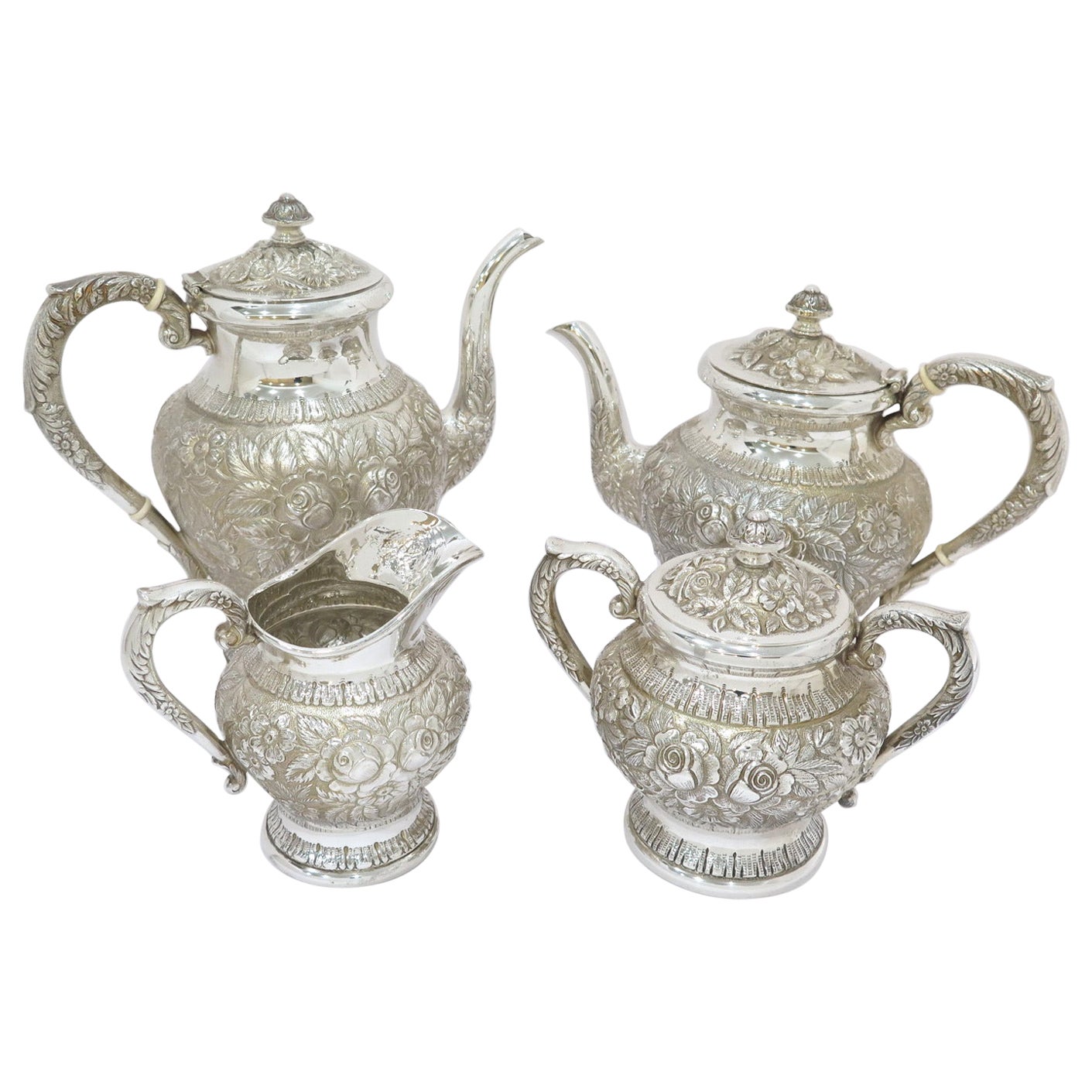 4 Pc Sterling Silver S. Kirk & Son Vintage Floral Repousse Tea / Coffee Service For Sale