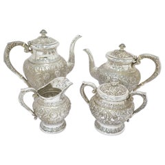 4 Pc Sterling Silver S. Kirk & Son Vintage Floral Repousse Tea / Coffee Service