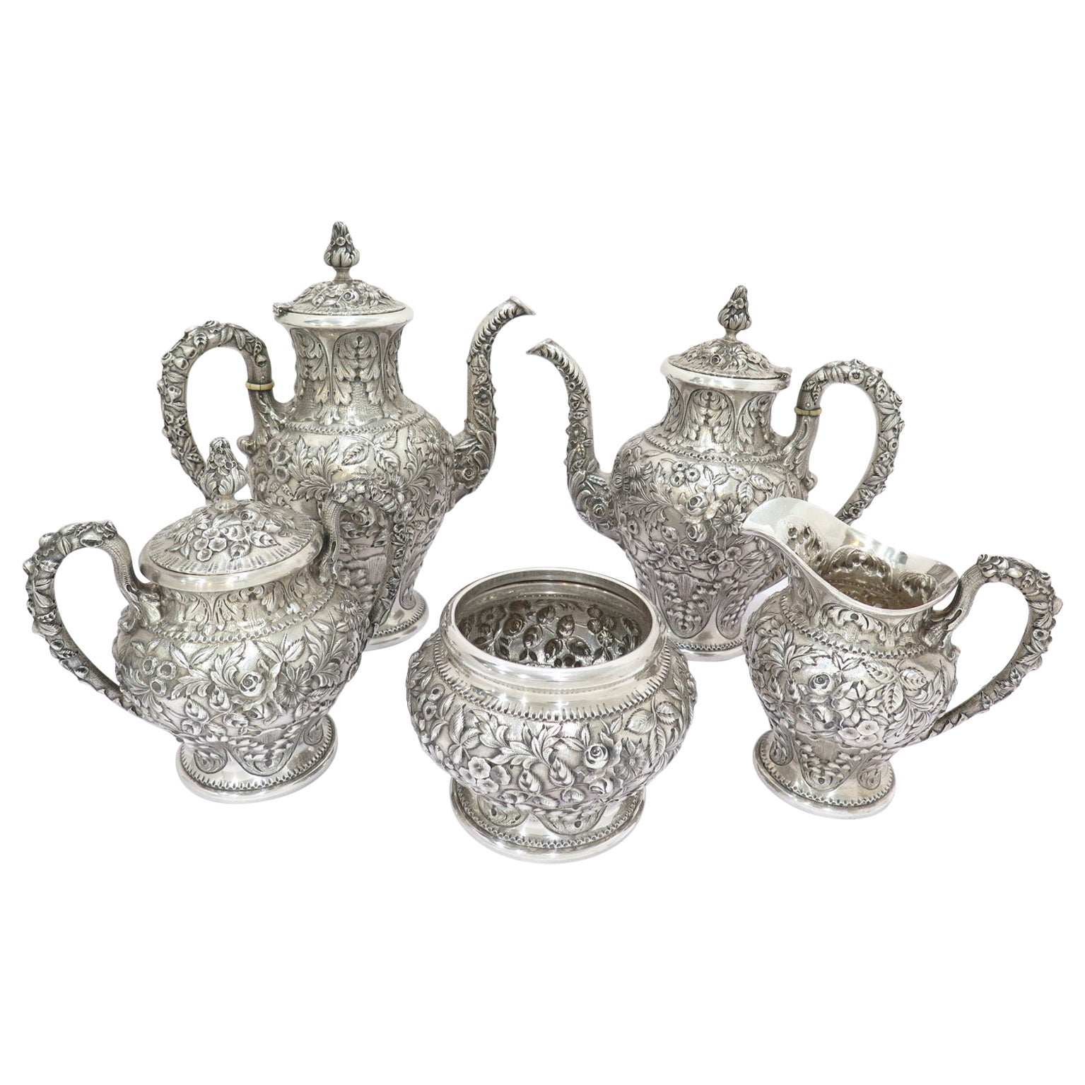 5 Pc Sterling Silver S. Kirk & Son Antique Floral Repousse Tea / Coffee Service