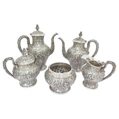 5 Pc Sterling Silver S. Kirk & Son Antique Floral Repousse Tea / Coffee Service
