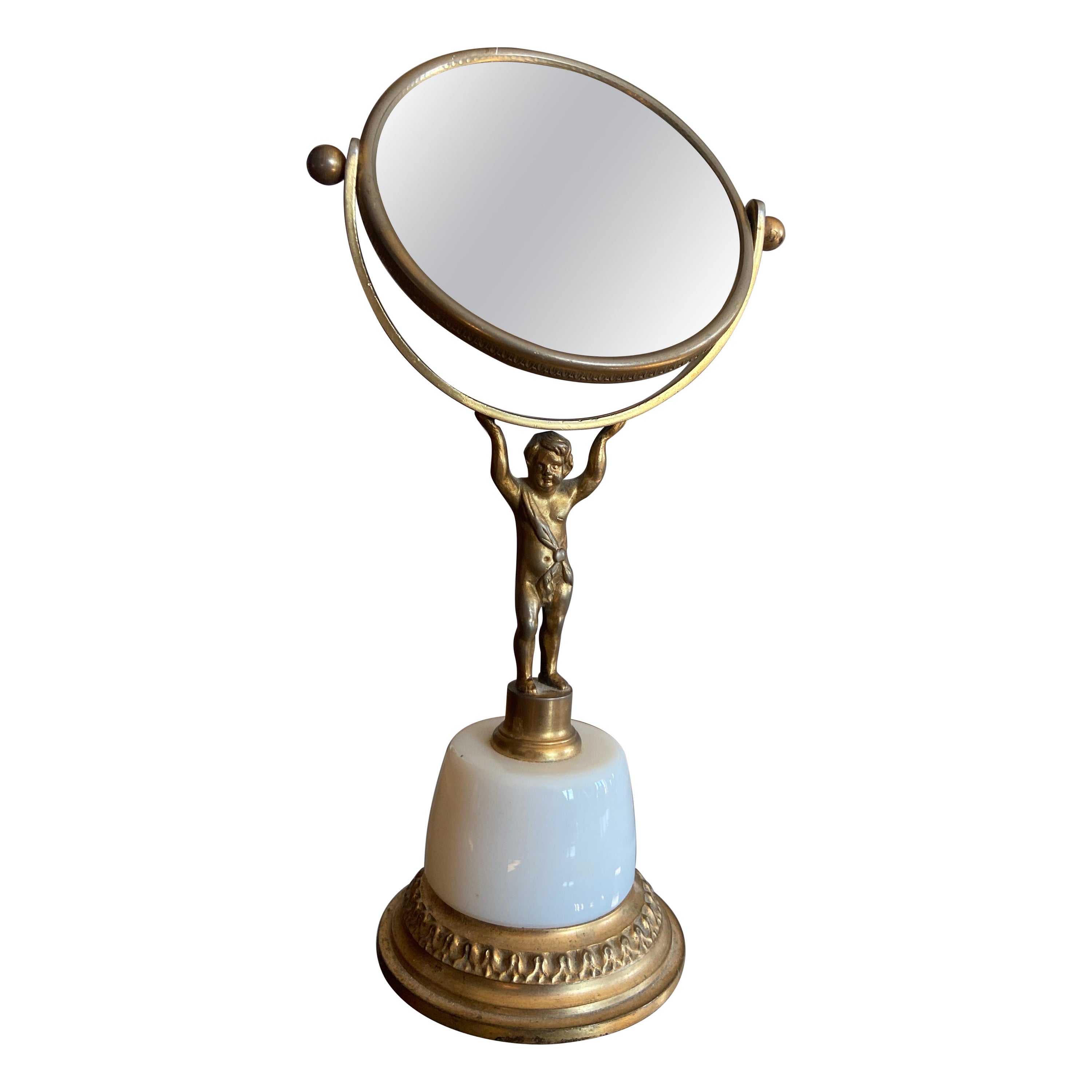 Espejo de mesa auxiliar doble francés del siglo XX en bronce dorado sobre base de opalina