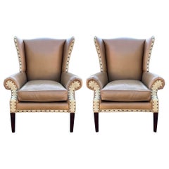 Retro Barclay Butera for Baker Furniture Co. Leather & Suede Wingback Chairs, Pair