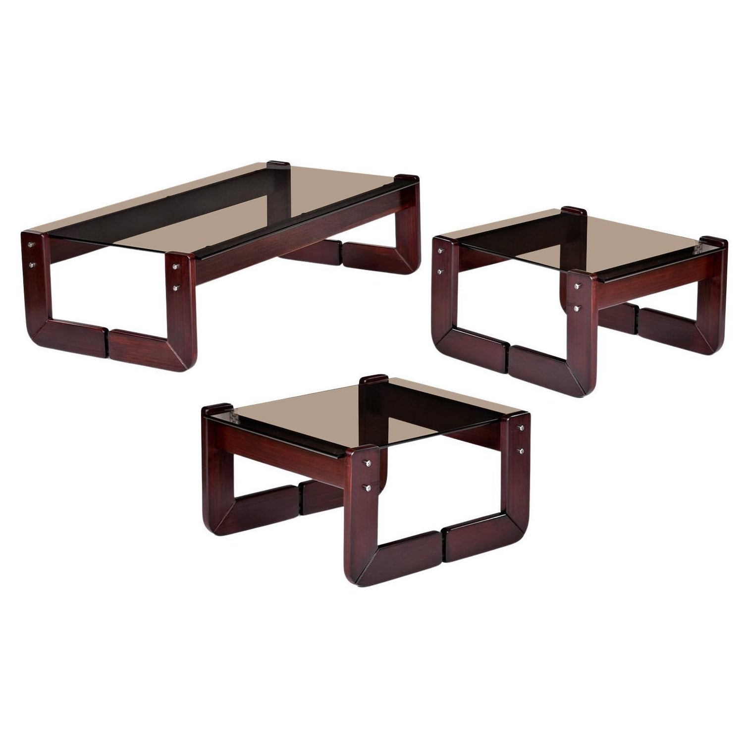 Percival Lafer Smoked Glass Top Rosewood Base 3-Piece End Table Coffee Table Set For Sale