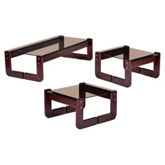 Percival Lafer Smoked Glass Top Rosewood Base 3-Piece End Table Coffee Table Set