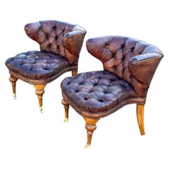 Antique English Georgian Style Cockfighting / Library Tufted Leather Chairs Pair