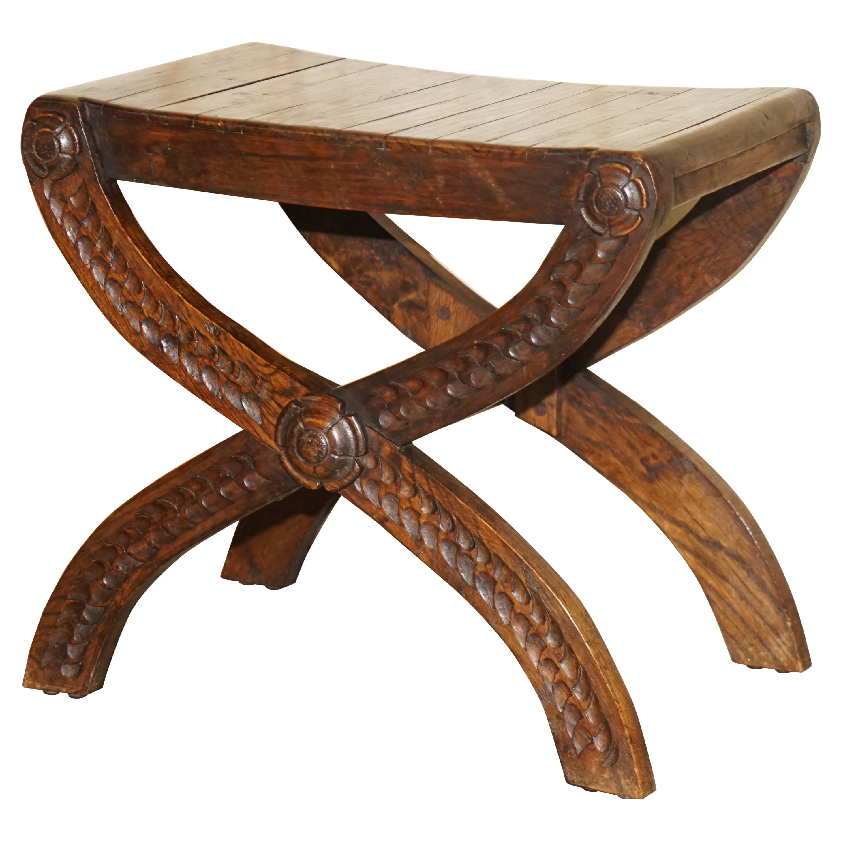 Vintage English Oak Jacobean Style Hand Carved Stool Part of a Large Suite For Sale