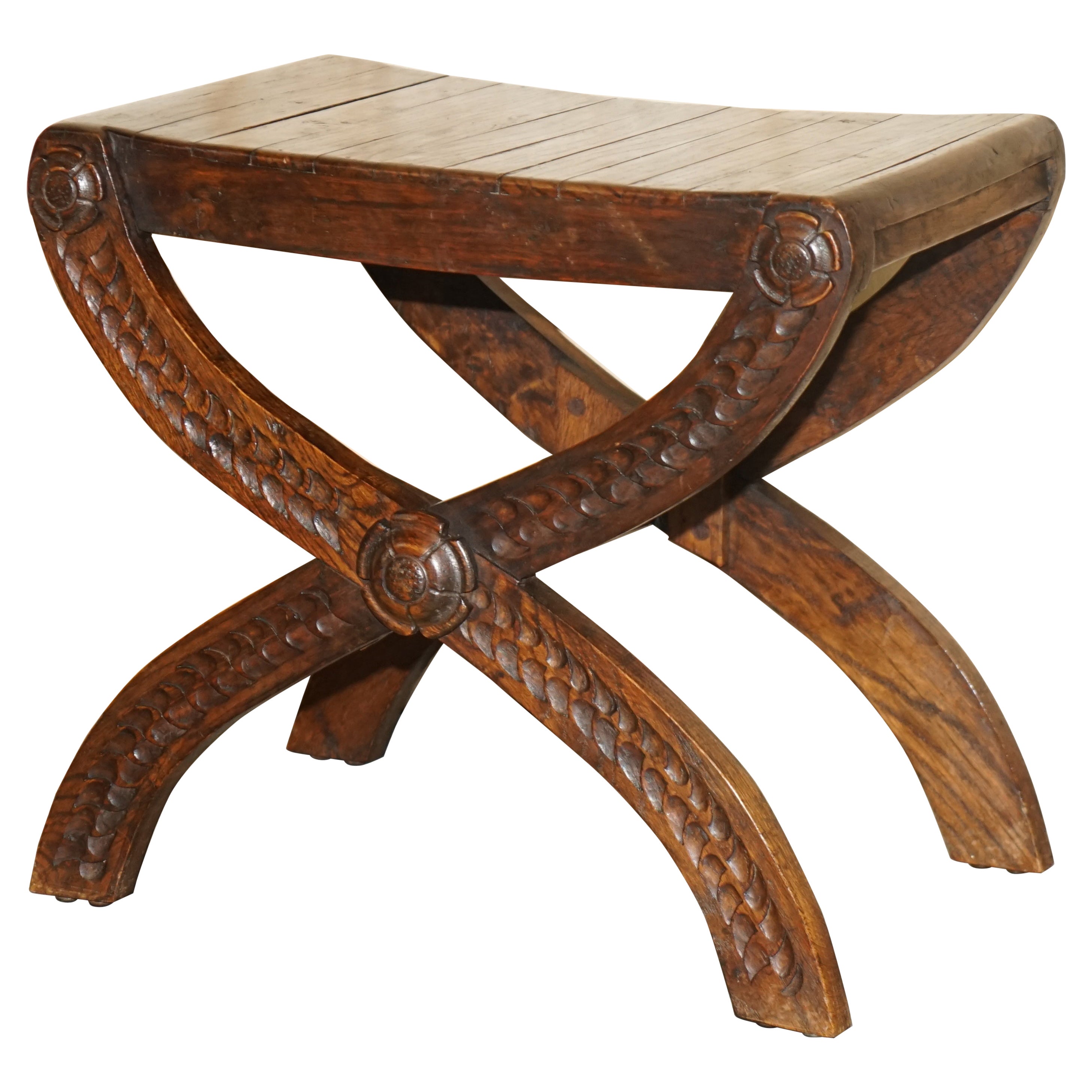 VINTAGE ENGLISH OAK JACOBEAN Style HAND CARVED STOOL PART OF A LARGE SUiTE