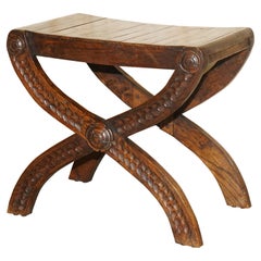 Vintage English Oak Jacobean Style Hand Carved Stool Part of a Large Suite