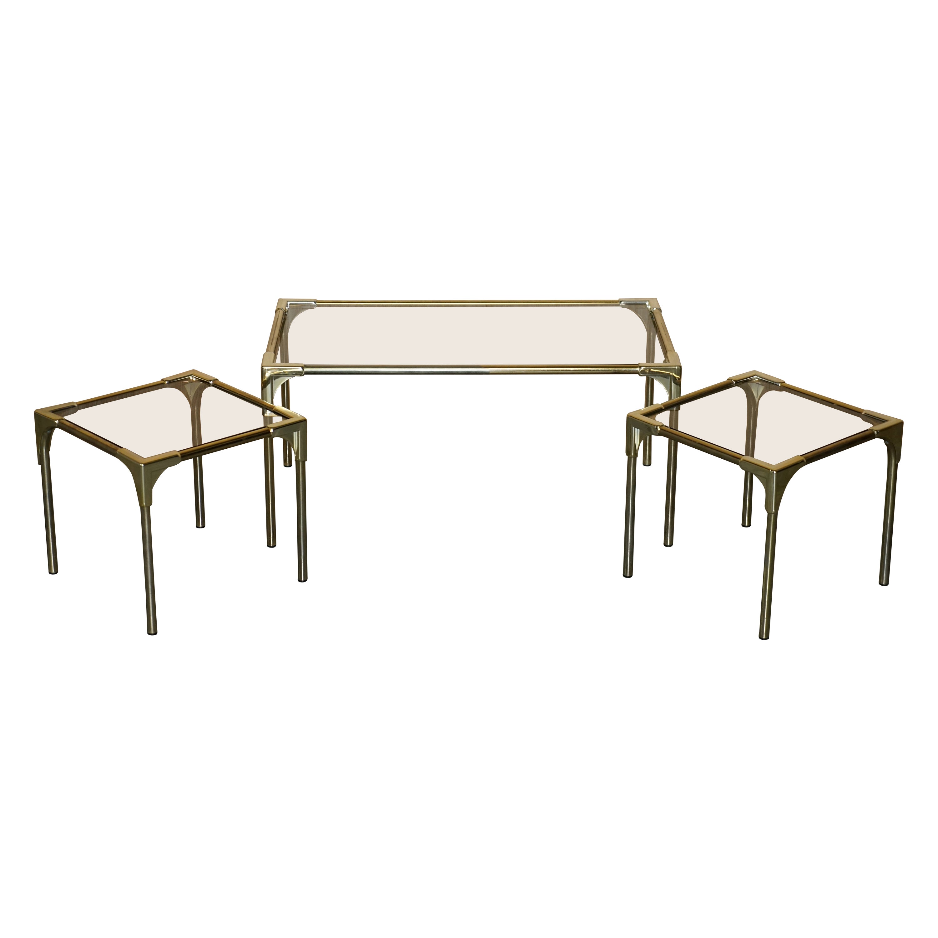 Mid-Century Modern Brass & Smoked Glass Coffee Table & Pair of Side Nest Tables For Sale