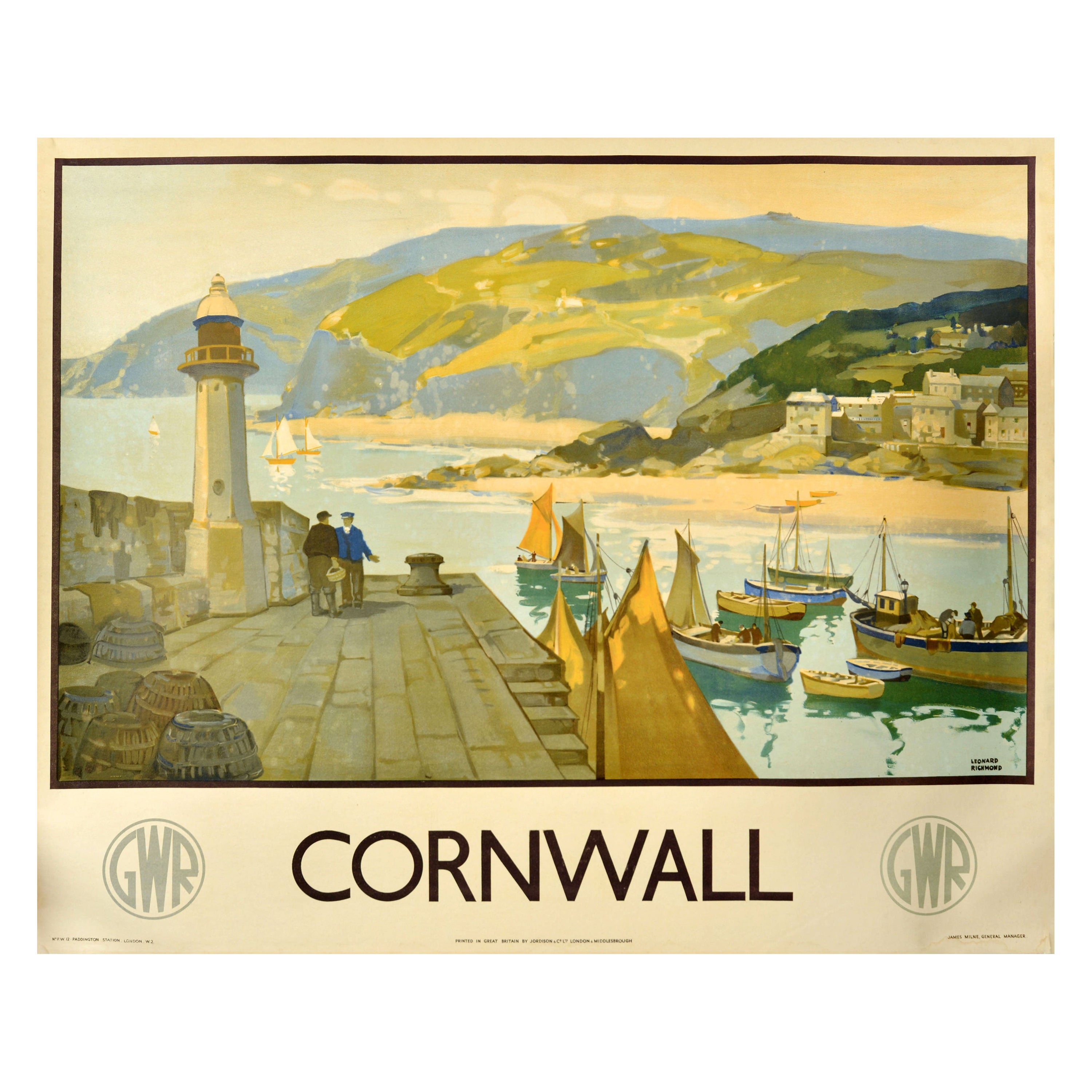 Affiche rétro originale de voyage Cornouailles, Leonard Richmond, GWR Railway, Harbour Art en vente