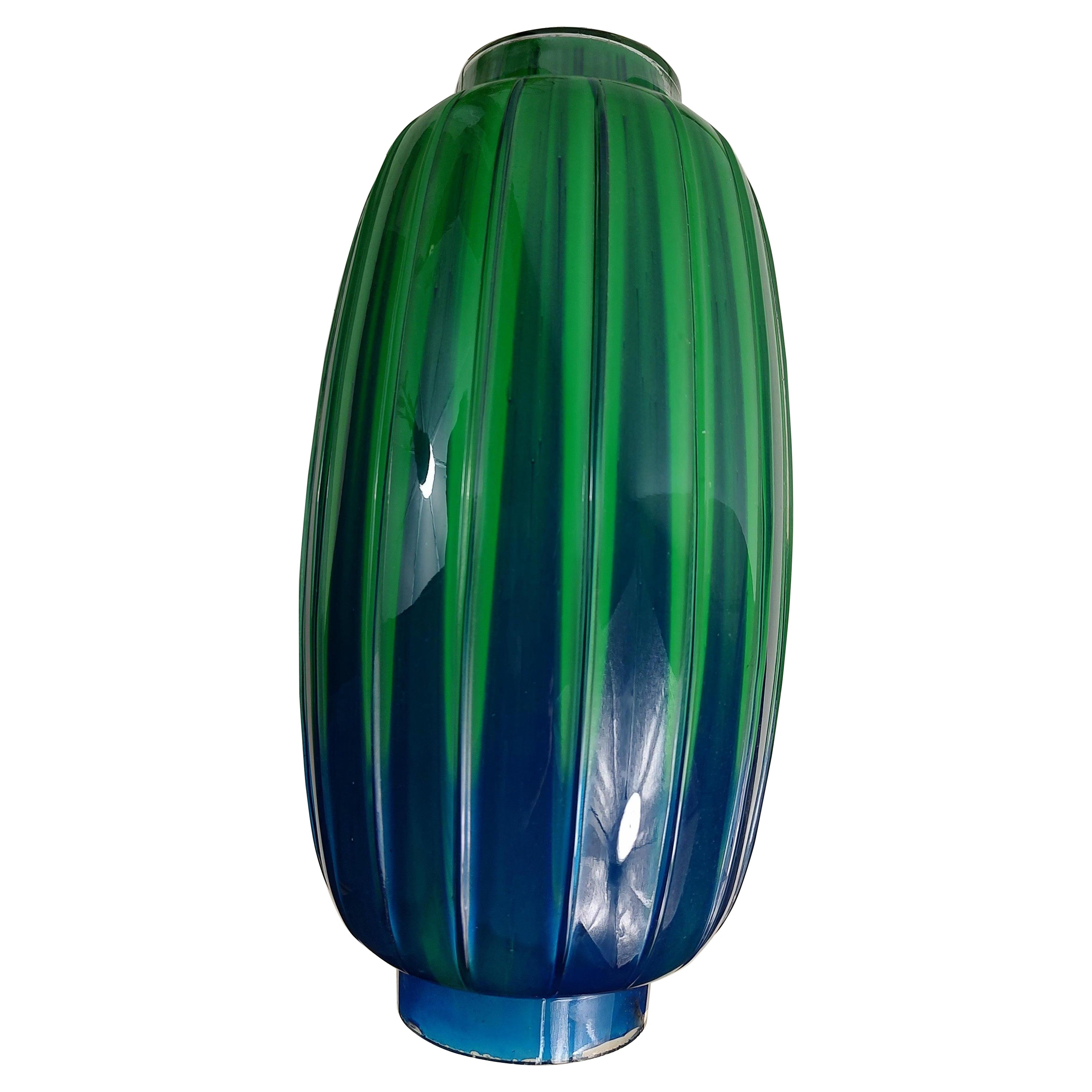 Italian Mid-Century Modern Murano Ribbed Pendant Swag Shade Green to Blue For Sale