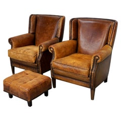 Vintage Dutch Cognac Colored Leather Club Chair, Set of 2 with Footstool