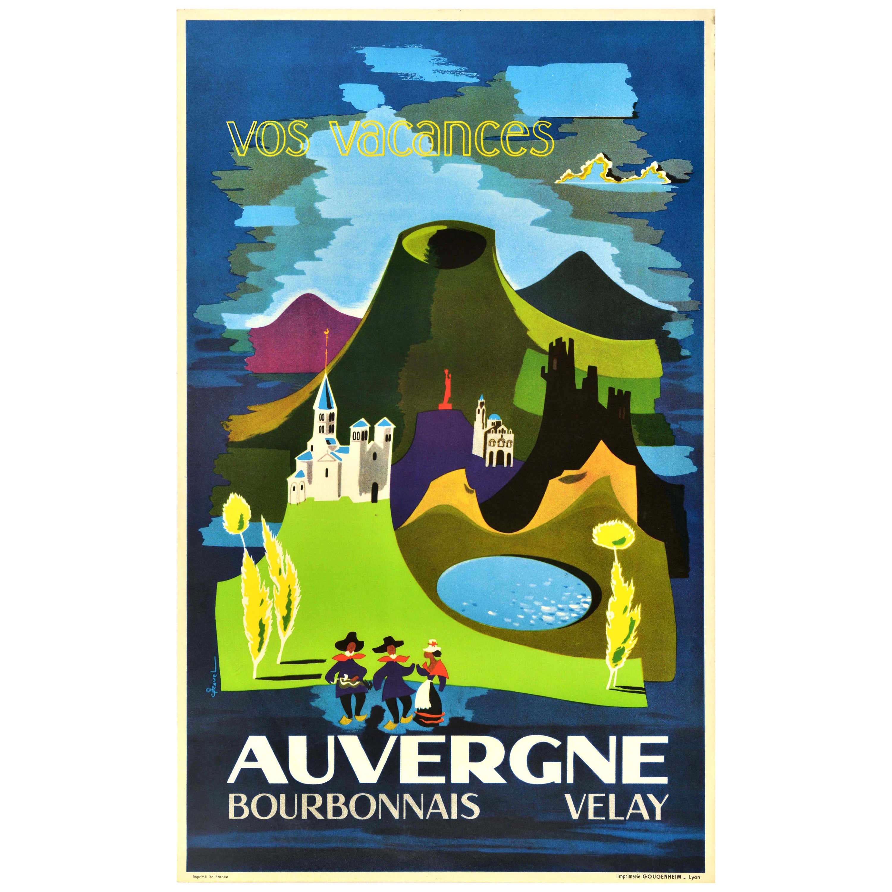 Affiche rétro originale de voyage, Auvergne Bourbonnais, Dessin de vacances en incrustation