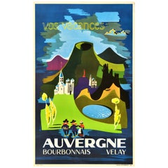 Poster di viaggio originale d'epoca Auvergne Bourbonnais Velay France Holiday Design