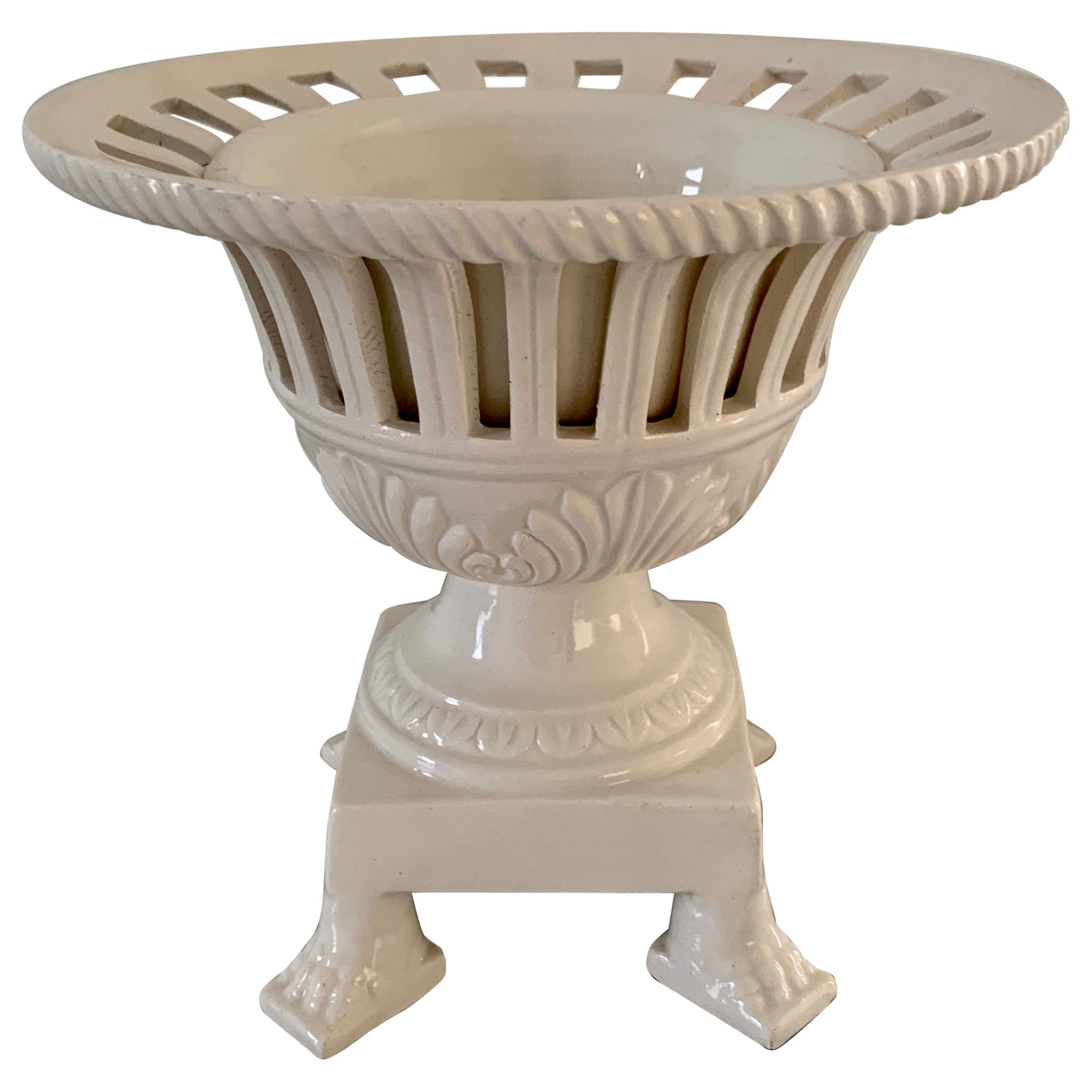 Italian Reticulated Neoclassical Porcelain Lion Paw Footed Basket Cachepot For Sale