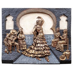 Vintage Decorative Painted Cast Resin Relief Panel With Flamenco Dancer