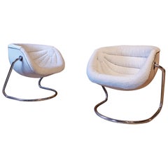 Mid-Century Modern Space Age White Fiberglass Plush Lounge Chairs, Italy, 1970s