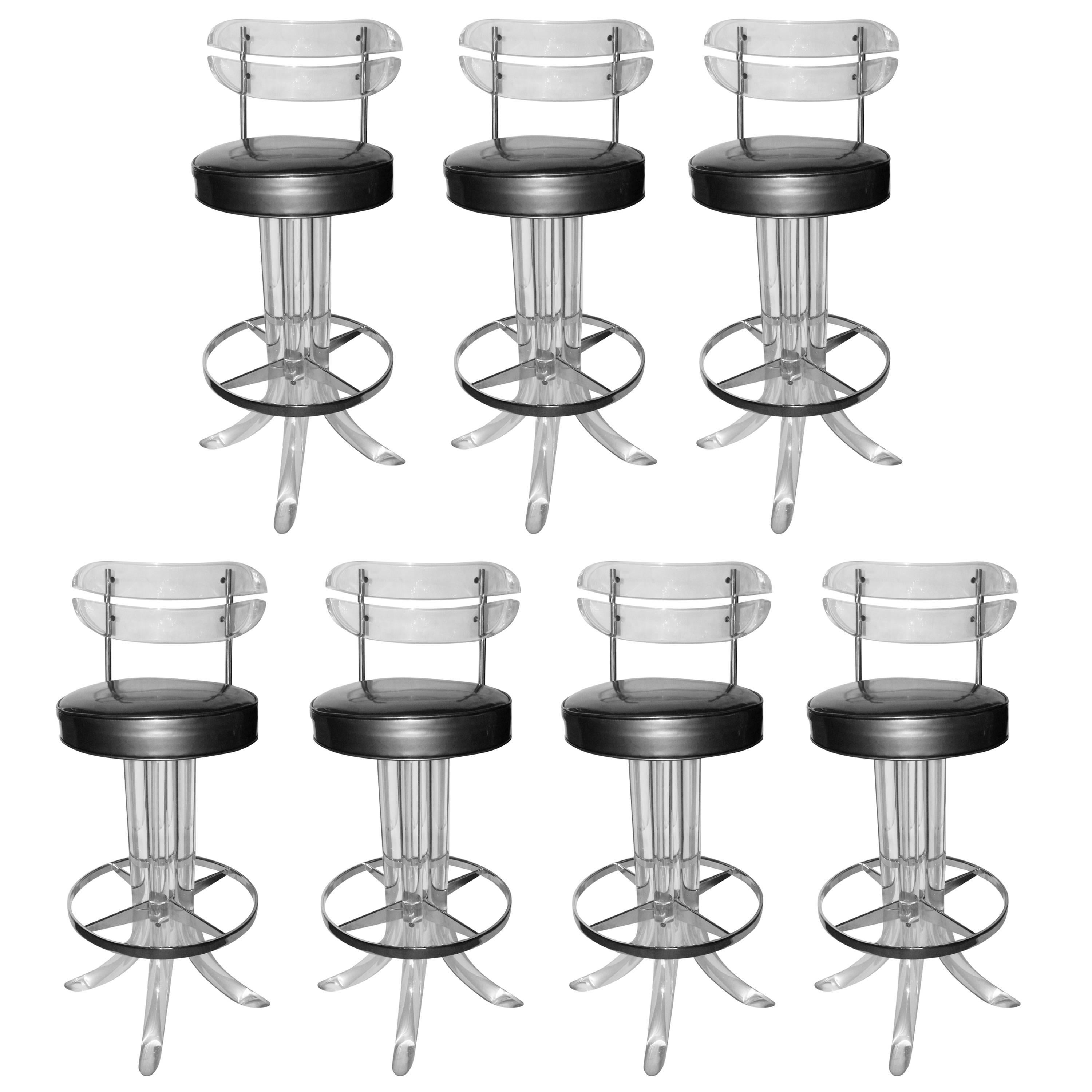 Exceptional Set of Seven Lucite Bar Stools by Hills Manufacturers For Sale
