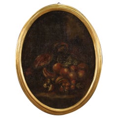 18th Century Oil on Canvas Italian Antique Oval Painting Still Life, 1750