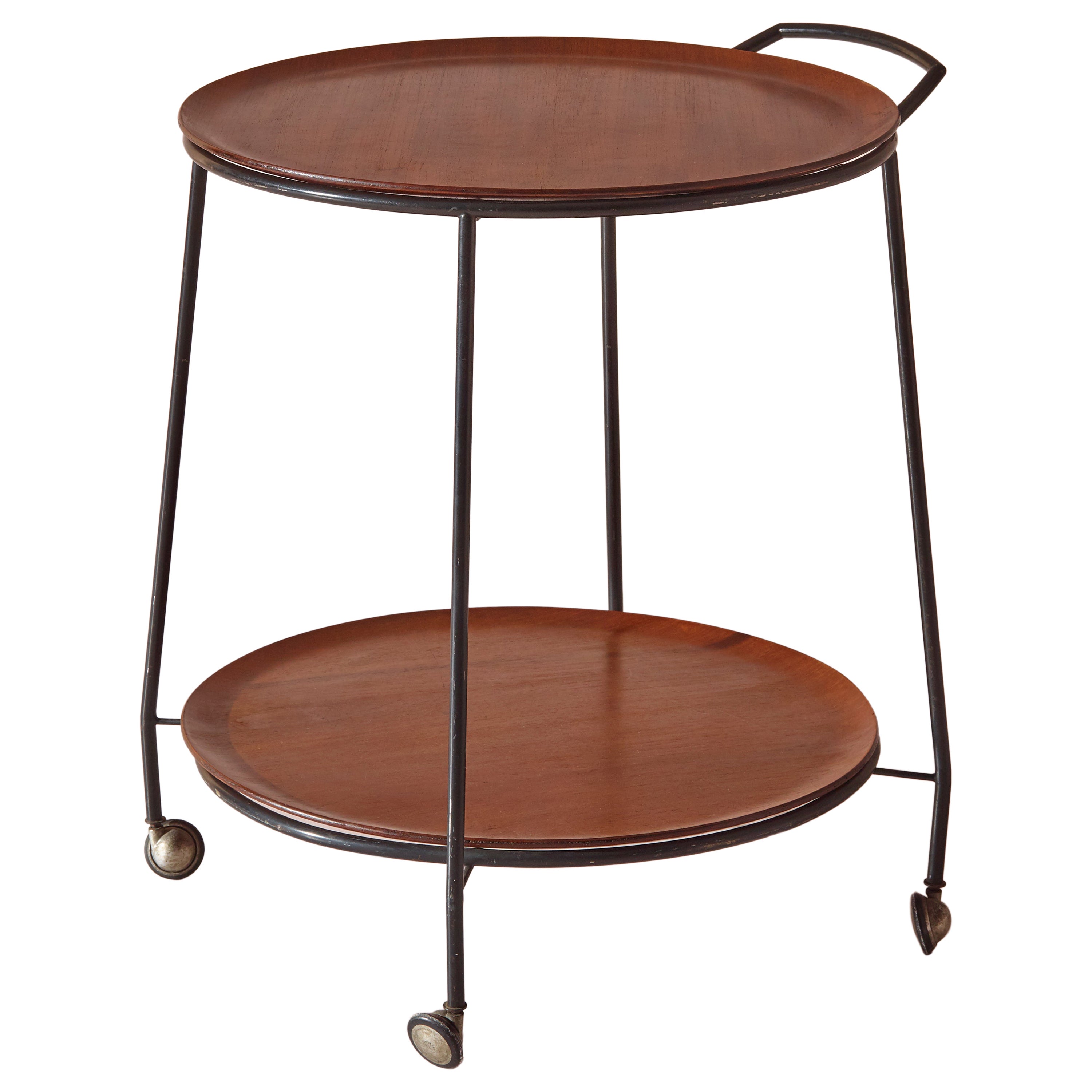 Midcentury Serving Cart with Wheels and Teak Trays, Italy, 1960s For Sale