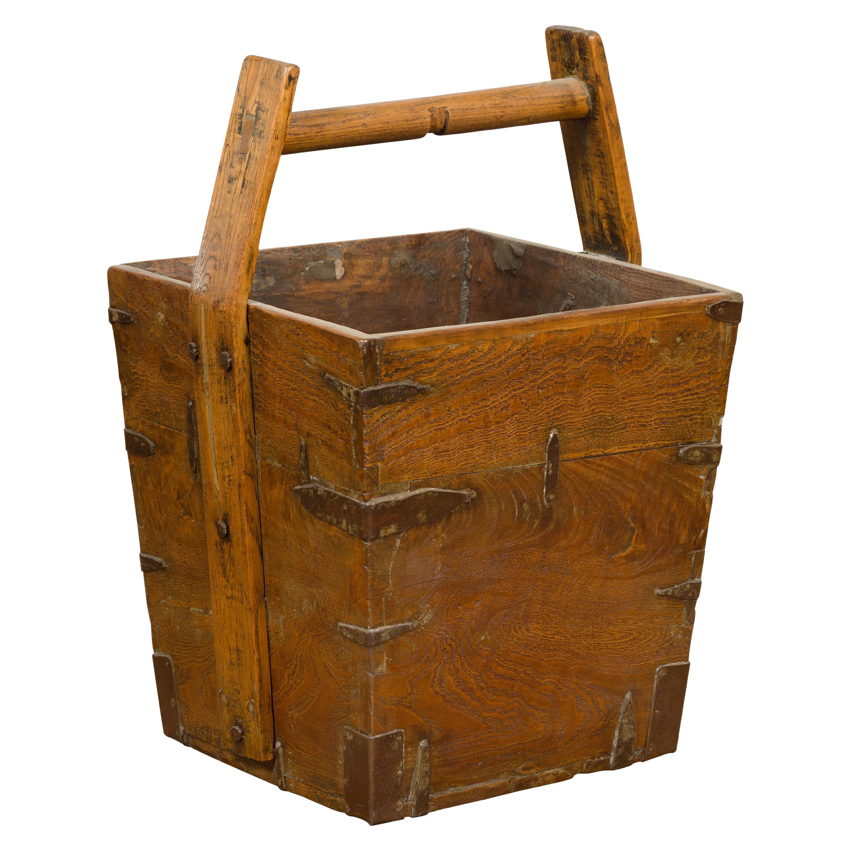 Panier à grains antique en Wood et Metal Grain du 19ème siècle avec poignée de transport