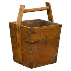 Antique 19th Century Wood and Metal Grain Basket with Carrying Handle