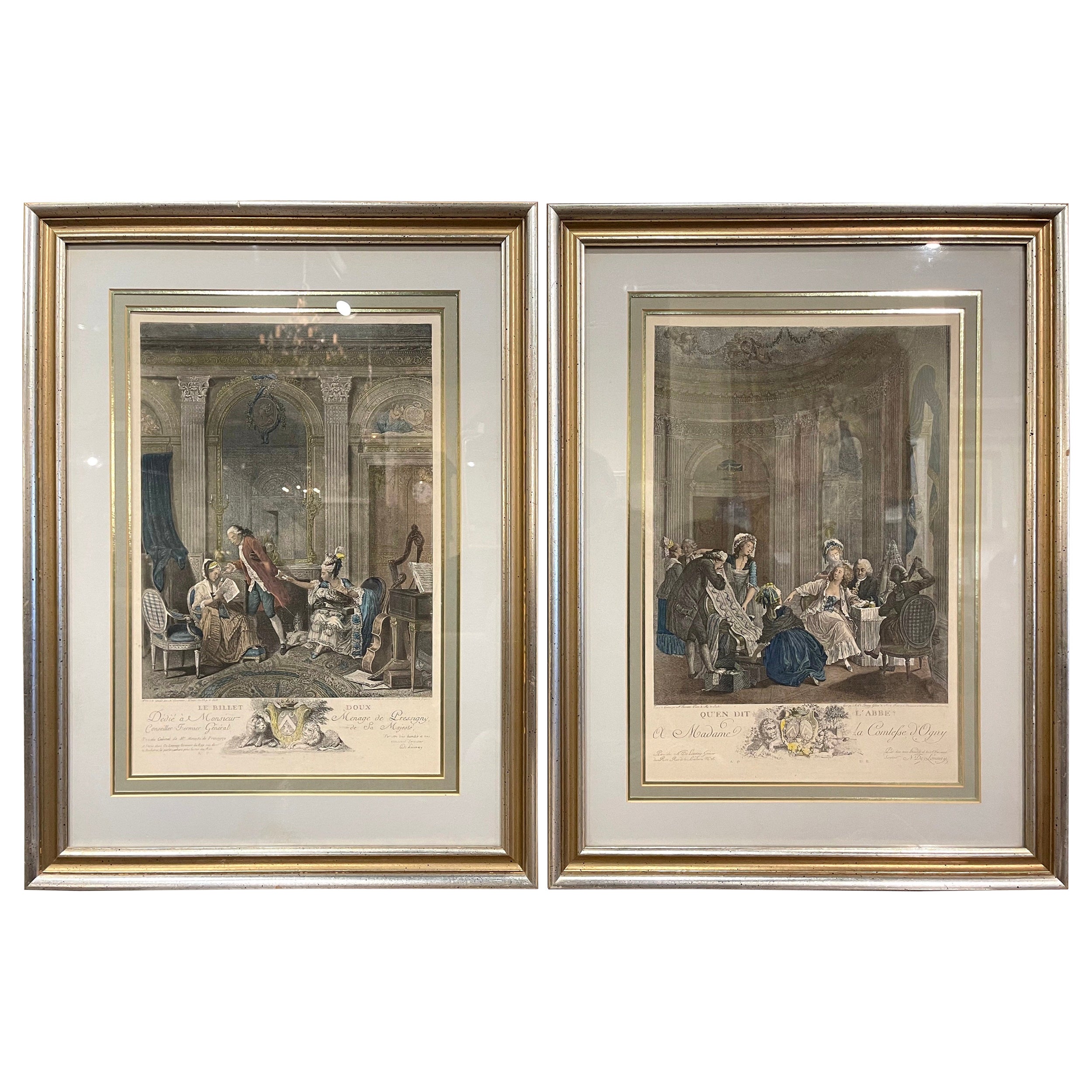 Pair of Midcentury French Louis XV Romantic Colored Prints in Gilt Frames