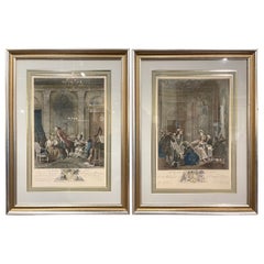 Paire d'estampes romantiques Louis XV françaises du milieu du siècle dernier en couleur dans des cadres dorés
