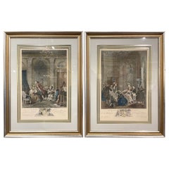 Pair of Midcentury French Louis XV Romantic Colored Prints in Gilt Frames