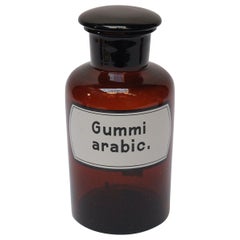 Botella de boticario alemana vintage de vidrio ámbar "Gummi Arabicum