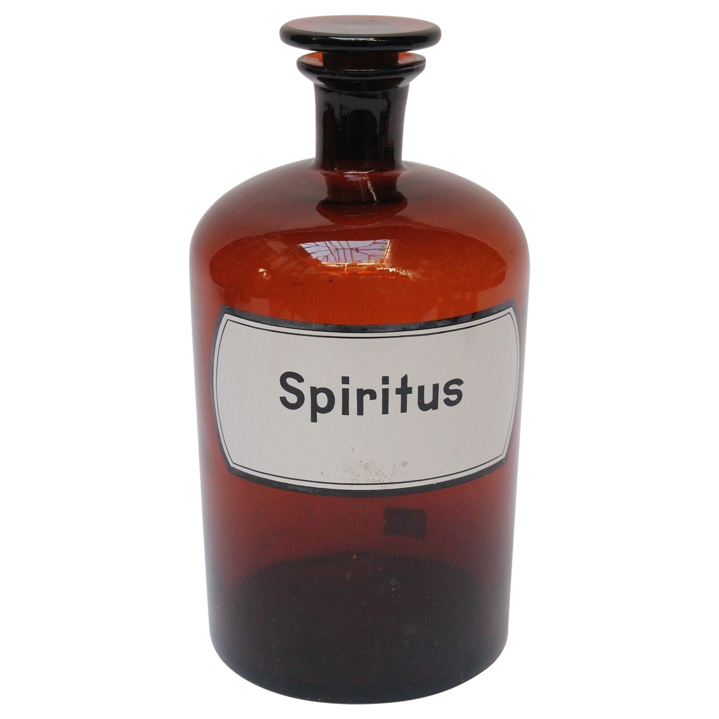 Große deutsche Bernsteinglas-Apothekerflasche „Spiritus“